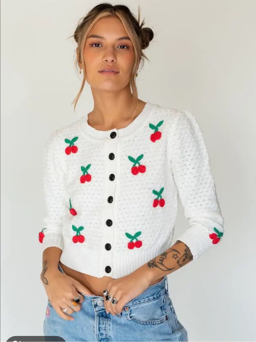 White Cherry Embroidered Cropped Cardigan Sweater